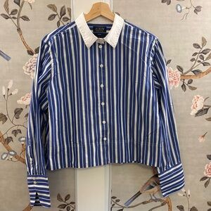 J.Crew Garcon blue stripe and white collar shirt, 10, crisp cotton